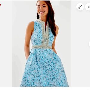 NWT Lilly Pulitzer Franci Metallic Jacquard Dress size 12  Blue Gold Sleeve